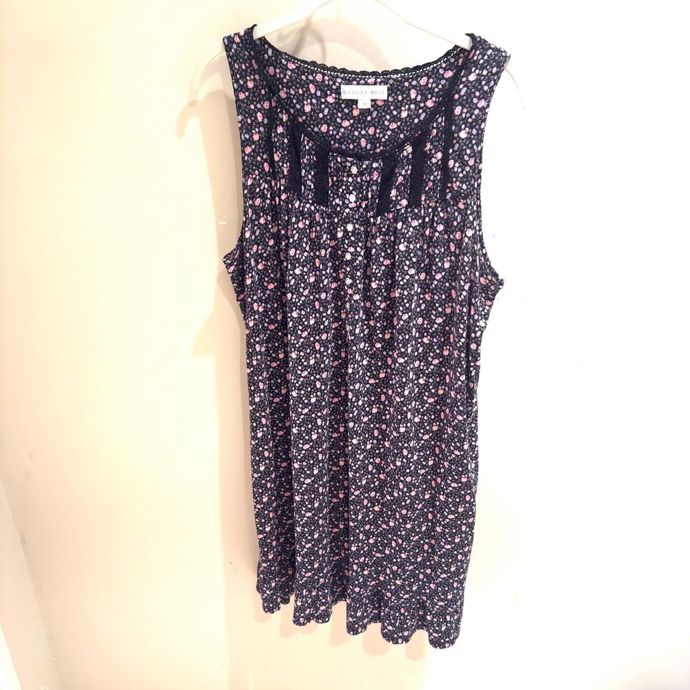 Eileen West Floral Print Nightgown‎ Nightie Lace Trim Sleeveless Women's Medium